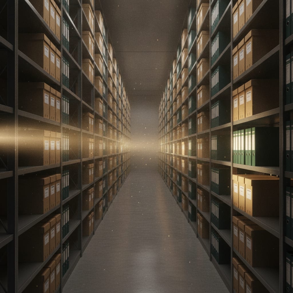 Rangées d'étagères d'archives éclairées par une lumière rasante